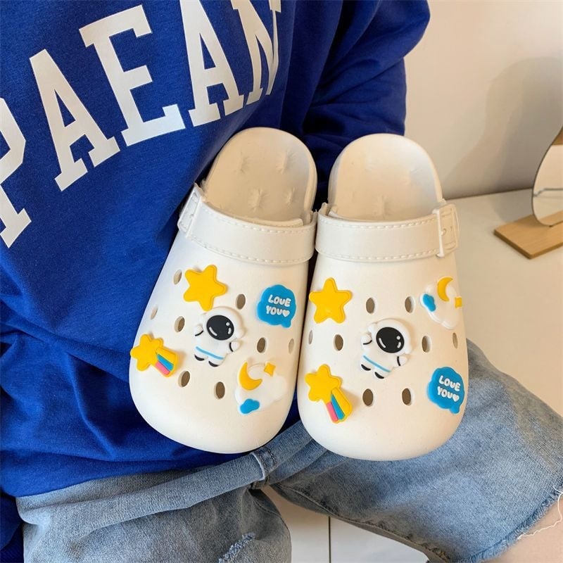 Ženske Crocs stil klompe s PVC gornjim dijelom, unutarnja koža, protuklizne, lagane, mekani debeli potplat, crtani/monohrom dizajn