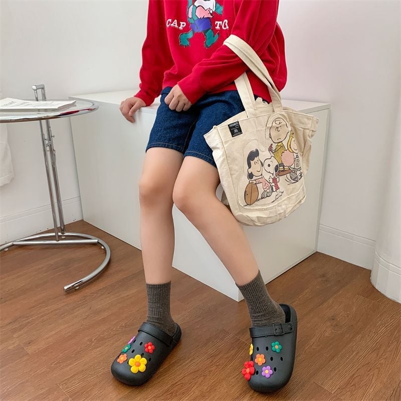 Ženske Crocs stil klompe s PVC gornjim dijelom, unutarnja koža, protuklizne, lagane, mekani debeli potplat, crtani/monohrom dizajn