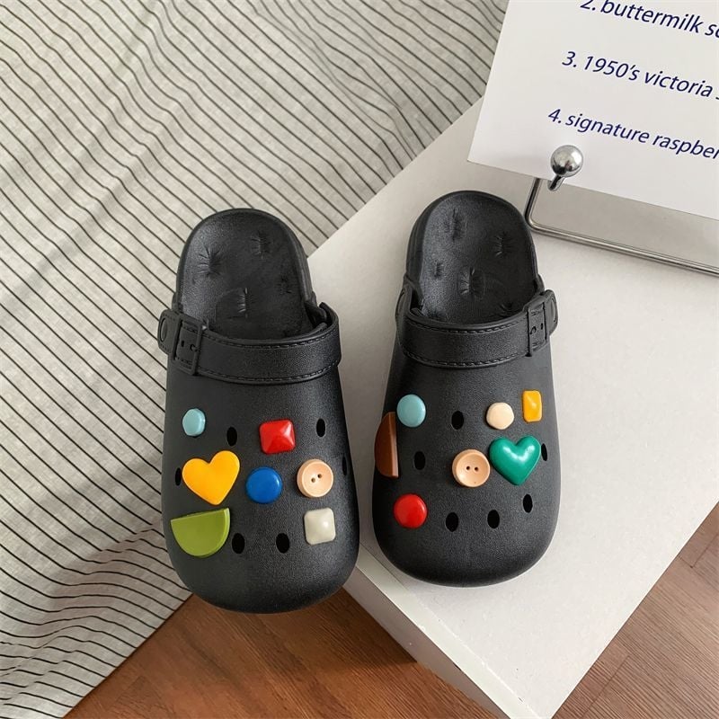 Ženske Crocs stil klompe s PVC gornjim dijelom, unutarnja koža, protuklizne, lagane, mekani debeli potplat, crtani/monohrom dizajn