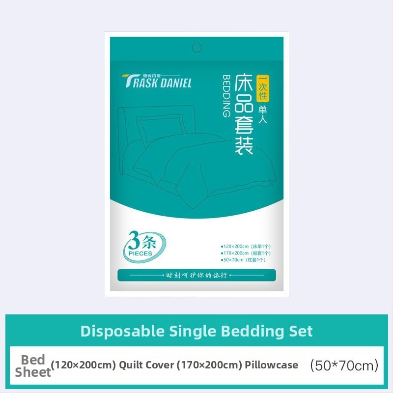 Vienkartinis kelioninis patalynės komplektas, 4 dalių: paklodė, antklodės užvalkalas, pagalvių užvalkalai; nepluošto audinys, pakuotė 1000 vnt., prekės kodas 19314254983