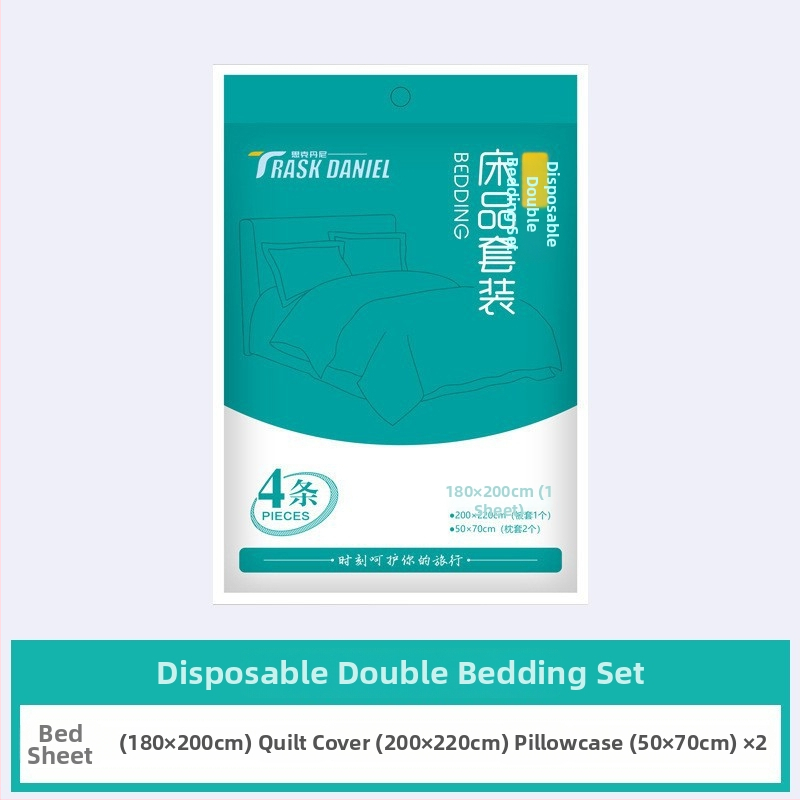 Vienkartinis kelioninis patalynės komplektas, 4 dalių: paklodė, antklodės užvalkalas, pagalvių užvalkalai; nepluošto audinys, pakuotė 1000 vnt., prekės kodas 19314254983