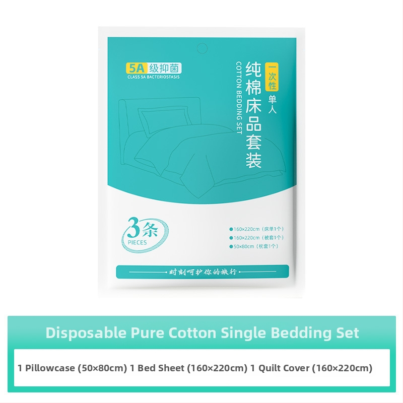 Vienkartinis kelioninis patalynės komplektas, 4 dalių: paklodė, antklodės užvalkalas, pagalvių užvalkalai; nepluošto audinys, pakuotė 1000 vnt., prekės kodas 19314254983