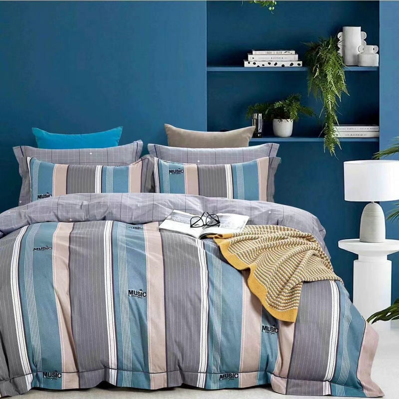 Tryjų dalių patalynės komplektas iš 100% medvilnės, twill audinys, dryžių raštas, reaktyvus spausdinimas