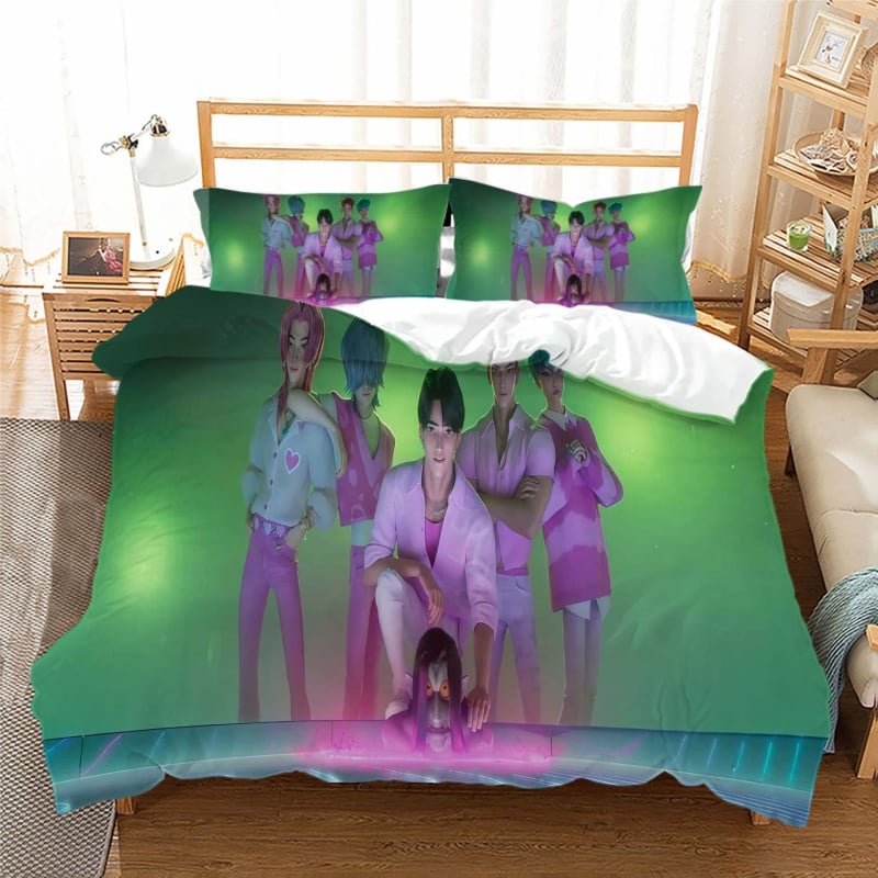 Trys dalių antklodės užvalkalo komplektas su skaitmenine spauda, fleece audinys iš cheminių pluoštų, karikatūrų stilius, pritaikomumas