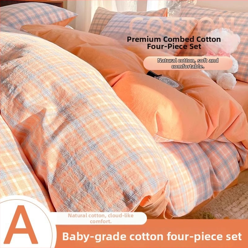 Set de lenjerie de pat din bumbac 100%, 4 piese, model pătrat geometric, densitatea țesăturii 128×68, 40 fire