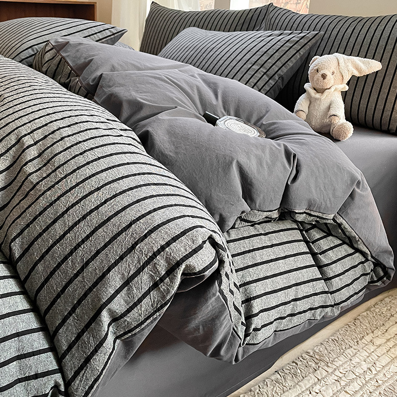 Set de lenjerie de pat din bumbac 100%, 4 piese, model pătrat geometric, densitatea țesăturii 128×68, 40 fire