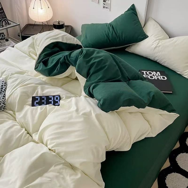 Četverodijelni set posteljine od pamuka u jednoj boji, s pranjem u vodi, mekan na dodir, Insta stil, za studentske domove