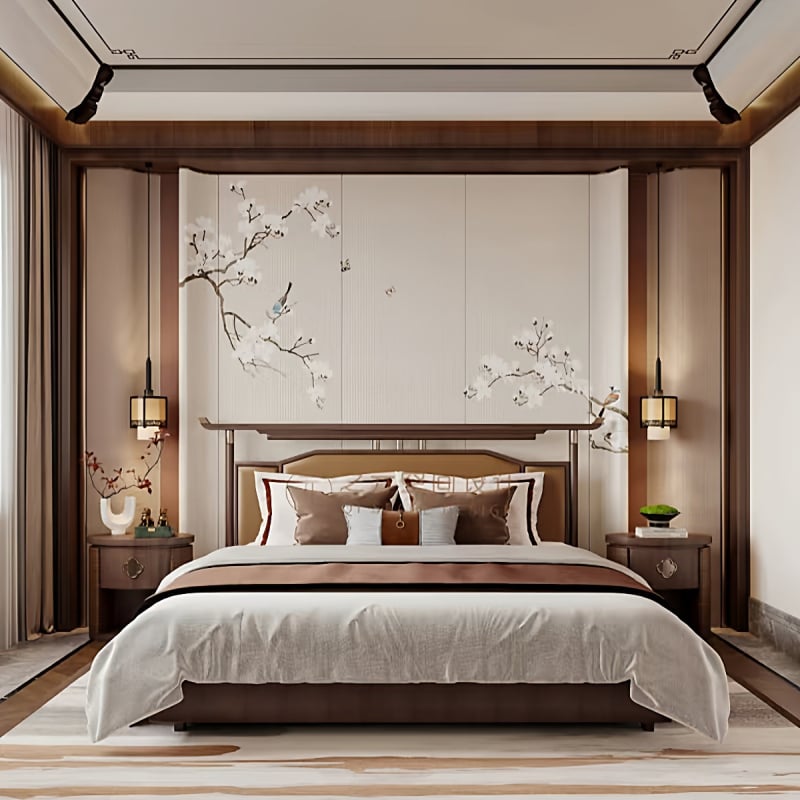 Fali borítás – selyem, anti-szennyeződés, 3-szintű kompozíció, Új kínai stílus, hímzett tájkép virágokkal és madarakkal