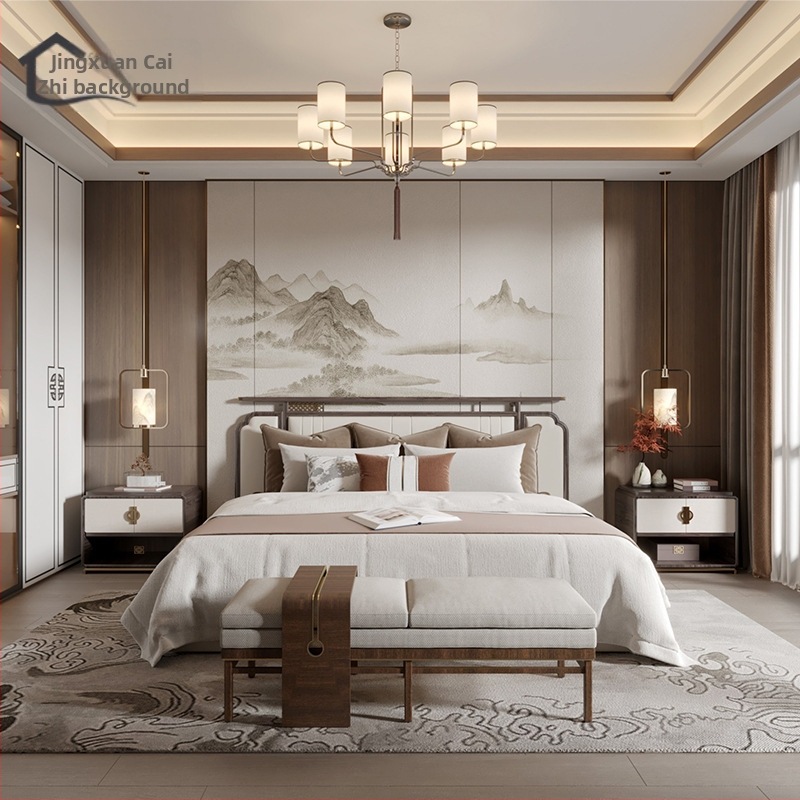 Nástenkové pokrytie – hodváb, anti-znečistenie, trojúrová kompozícia, Nový čínsky štýl, vyšívaný krajinný motív s kvetmi a vtákmi