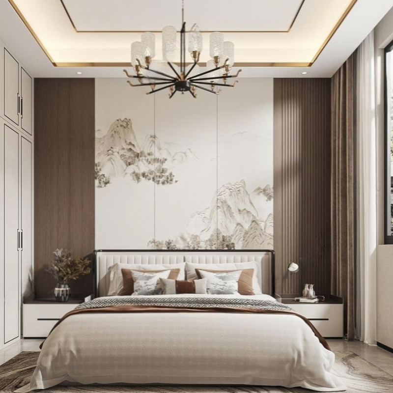 Fali borítás – selyem, anti-szennyeződés, 3-szintű kompozíció, Új kínai stílus, hímzett tájkép virágokkal és madarakkal