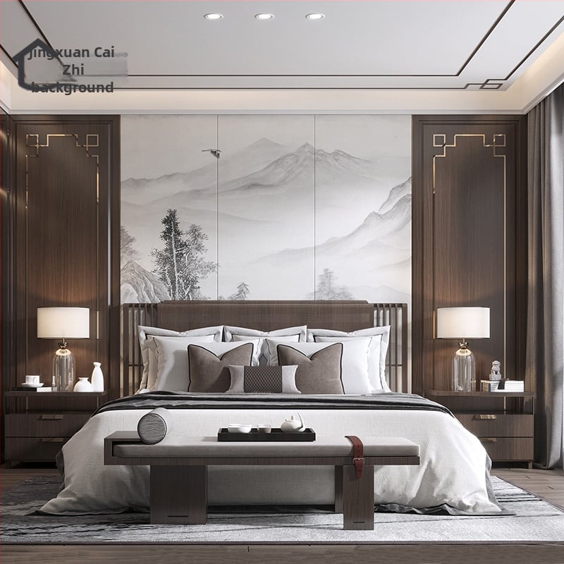 Fali borítás – selyem, anti-szennyeződés, 3-szintű kompozíció, Új kínai stílus, hímzett tájkép virágokkal és madarakkal