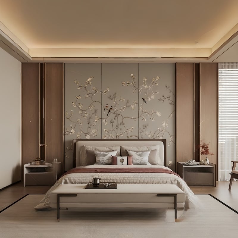Fali borítás – selyem, anti-szennyeződés, 3-szintű kompozíció, Új kínai stílus, hímzett tájkép virágokkal és madarakkal