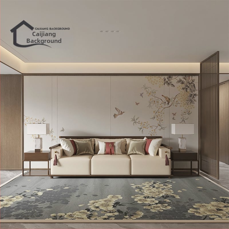 Fali borítás – selyem, anti-szennyeződés, 3-szintű kompozíció, Új kínai stílus, hímzett tájkép virágokkal és madarakkal