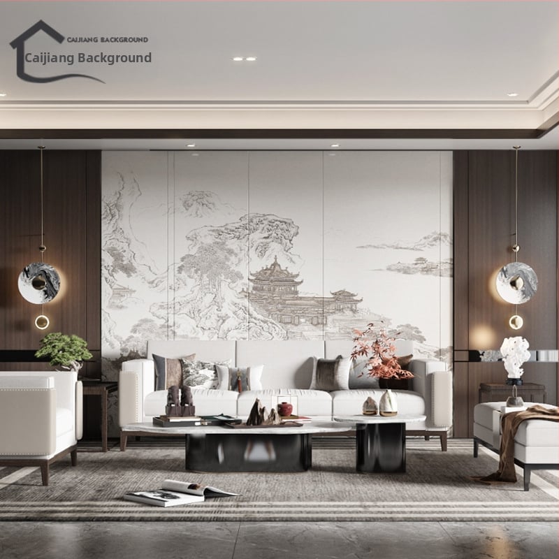 Fali borítás – selyem, anti-szennyeződés, 3-szintű kompozíció, Új kínai stílus, hímzett tájkép virágokkal és madarakkal