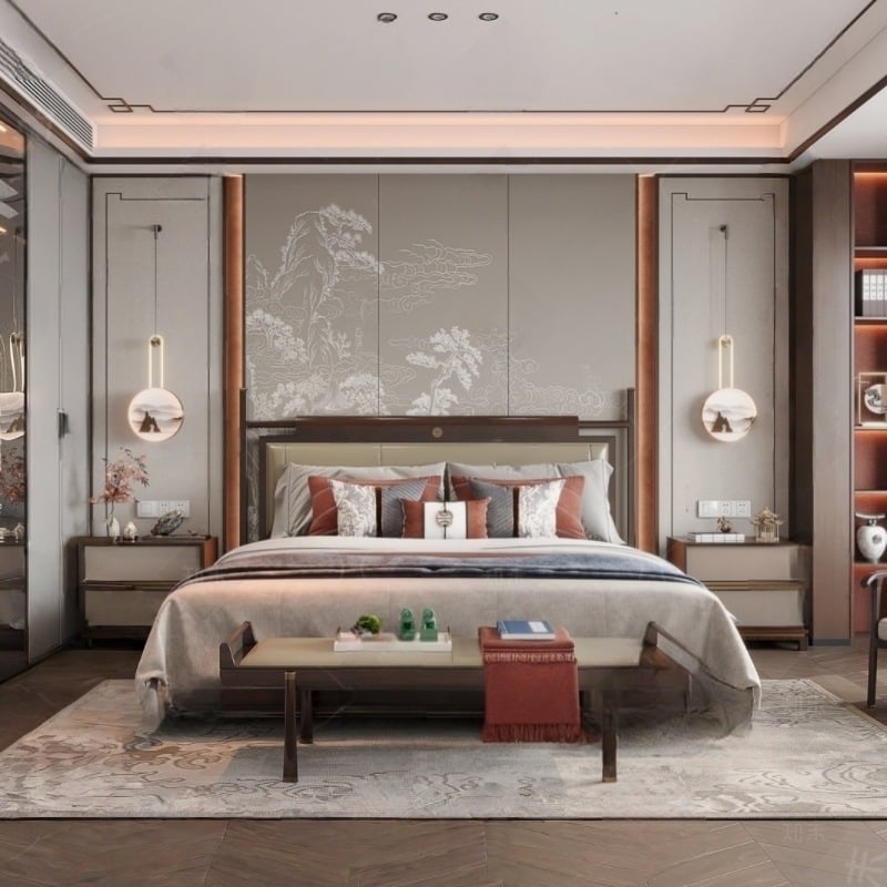 Fali borítás – selyem, anti-szennyeződés, 3-szintű kompozíció, Új kínai stílus, hímzett tájkép virágokkal és madarakkal