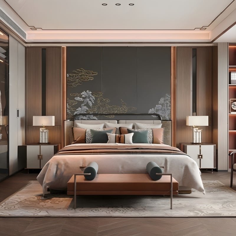 Fali borítás – selyem, anti-szennyeződés, 3-szintű kompozíció, Új kínai stílus, hímzett tájkép virágokkal és madarakkal