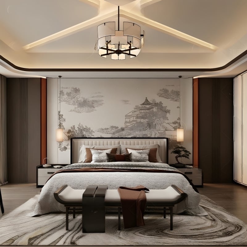 Fali borítás – selyem, anti-szennyeződés, 3-szintű kompozíció, Új kínai stílus, hímzett tájkép virágokkal és madarakkal