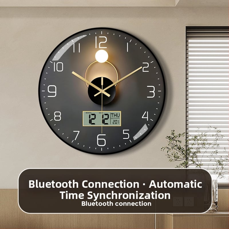 Ρολόι τοίχου Bluetooth με αυτόματο συγχρονισμό ώρας, LED/LCD αιώνιο ημερολόγιο, θερμόμετρο και ένδειξη ημέρας της εβδομάδας, στρογγυλό, μονοπλευρικό, τροφοδοτούμενο με μπαταρία, αναλογικό + ψηφιακό display