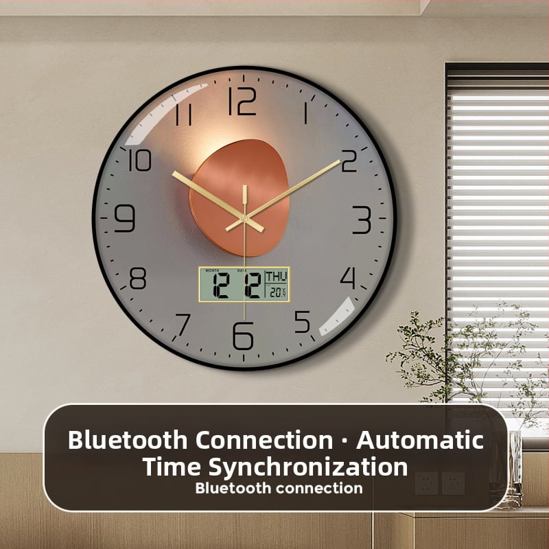 Ρολόι τοίχου Bluetooth με αυτόματο συγχρονισμό ώρας, LED/LCD αιώνιο ημερολόγιο, θερμόμετρο και ένδειξη ημέρας της εβδομάδας, στρογγυλό, μονοπλευρικό, τροφοδοτούμενο με μπαταρία, αναλογικό + ψηφιακό display