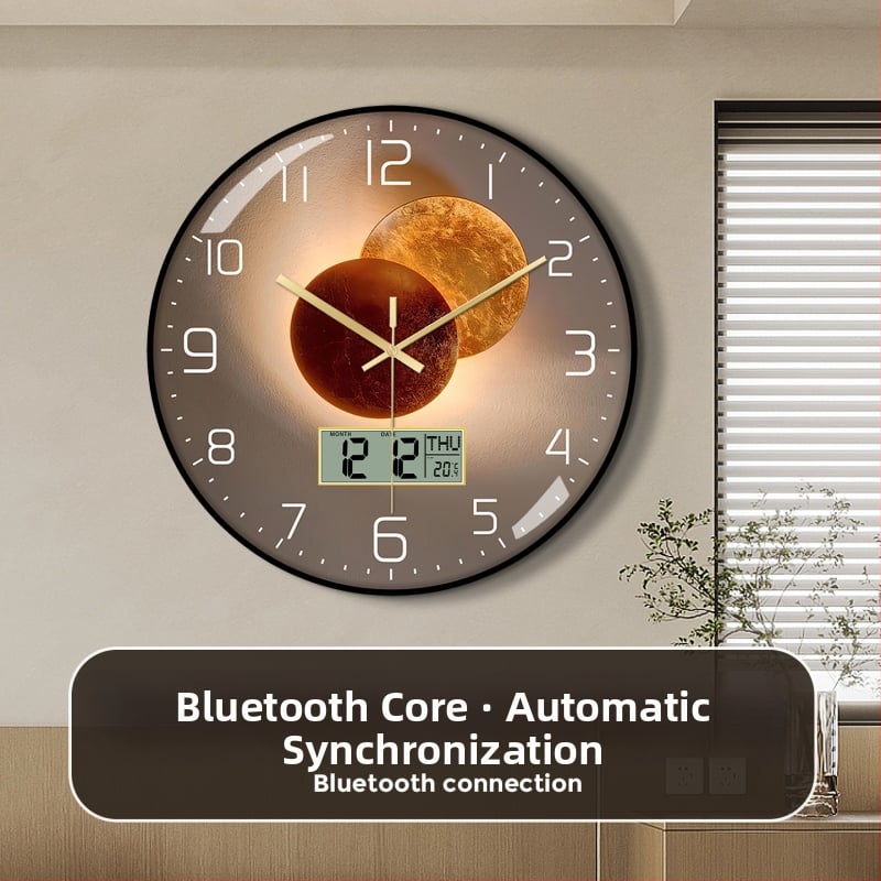 Ρολόι τοίχου Bluetooth με αυτόματο συγχρονισμό ώρας, LED/LCD αιώνιο ημερολόγιο, θερμόμετρο και ένδειξη ημέρας της εβδομάδας, στρογγυλό, μονοπλευρικό, τροφοδοτούμενο με μπαταρία, αναλογικό + ψηφιακό display