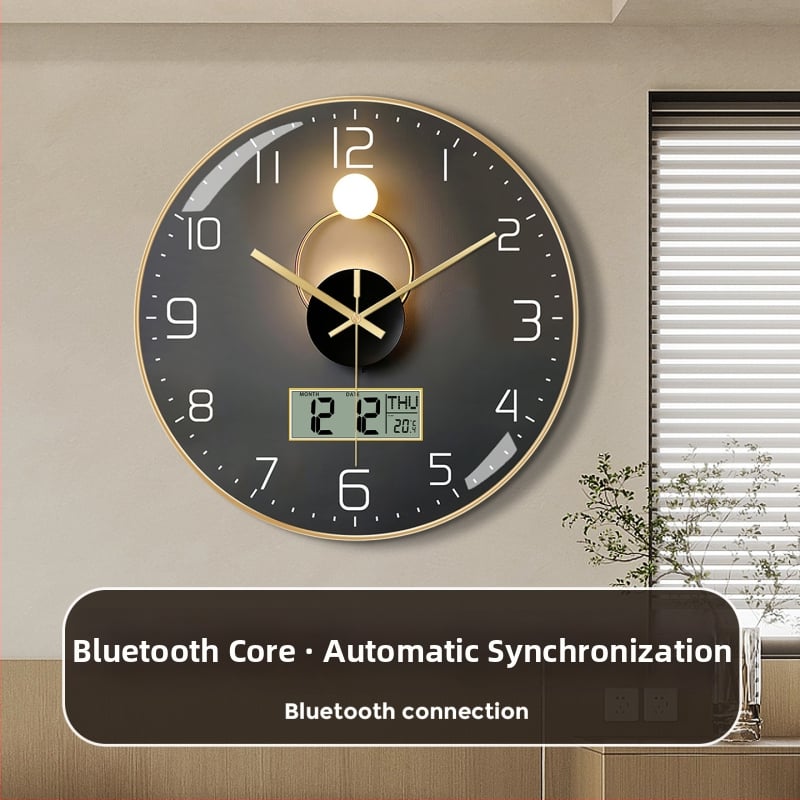Ρολόι τοίχου Bluetooth με αυτόματο συγχρονισμό ώρας, LED/LCD αιώνιο ημερολόγιο, θερμόμετρο και ένδειξη ημέρας της εβδομάδας, στρογγυλό, μονοπλευρικό, τροφοδοτούμενο με μπαταρία, αναλογικό + ψηφιακό display