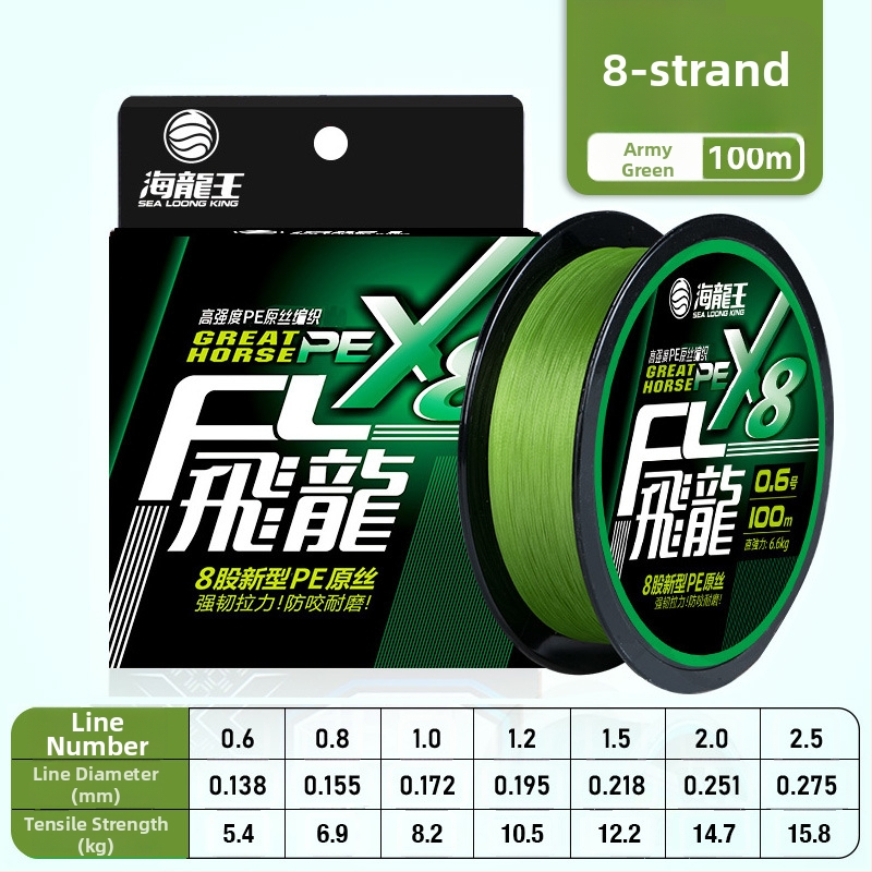 Pagrindinė žvejybos linija Sea Dragon King, PE medžiaga, 8‑gijų ilgi metimai, didelis atsparumas