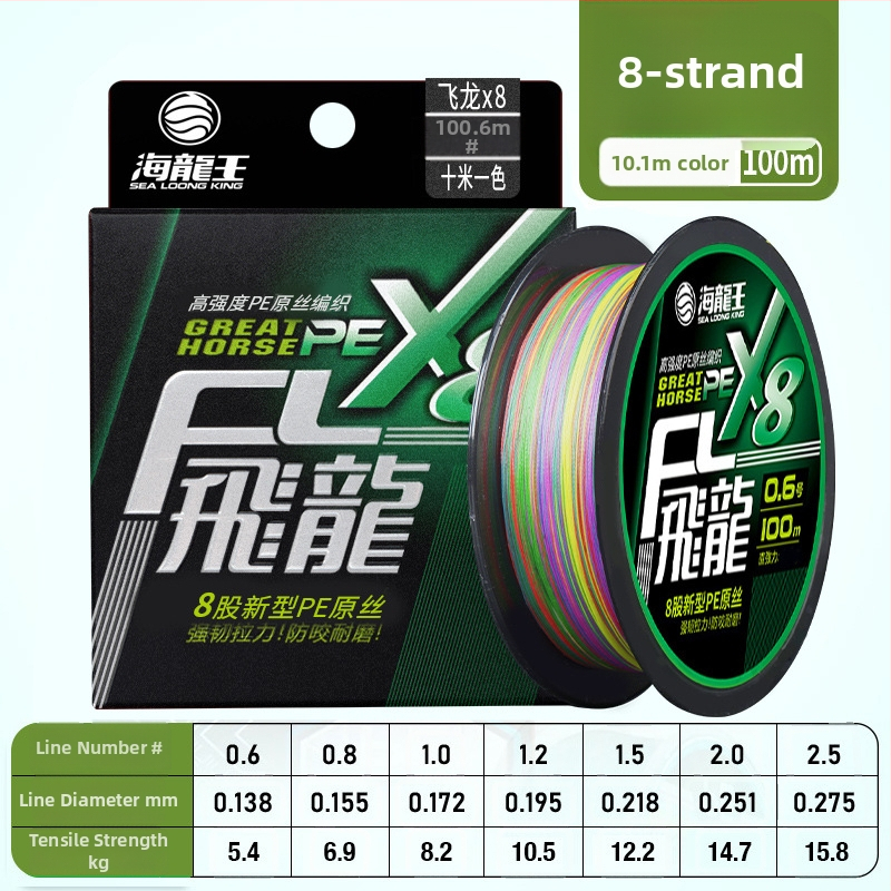 Pagrindinė žvejybos linija Sea Dragon King, PE medžiaga, 8‑gijų ilgi metimai, didelis atsparumas