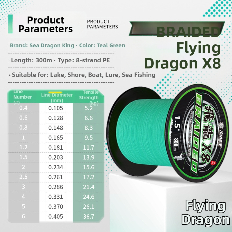 Pagrindinė žvejybos linija Sea Dragon King, PE medžiaga, 8‑gijų ilgi metimai, didelis atsparumas