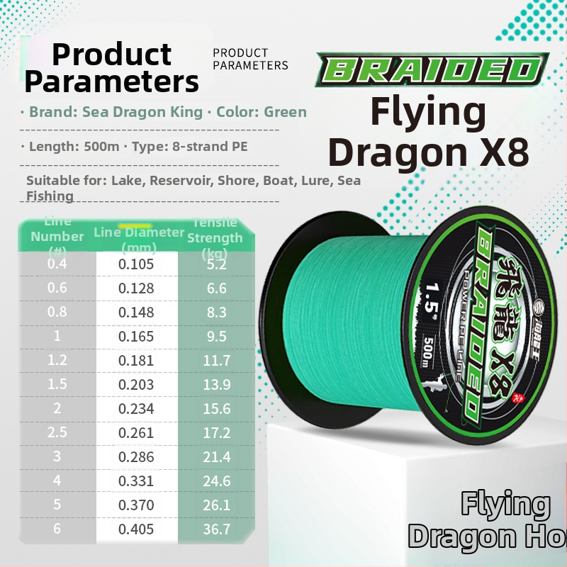 Pagrindinė žvejybos linija Sea Dragon King, PE medžiaga, 8‑gijų ilgi metimai, didelis atsparumas