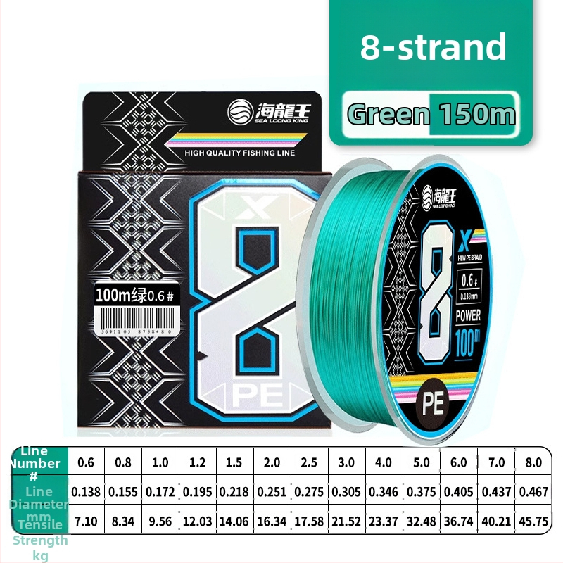 Pagrindinė žvejybos linija Sea Dragon King, PE medžiaga, 8‑gijų ilgi metimai, didelis atsparumas