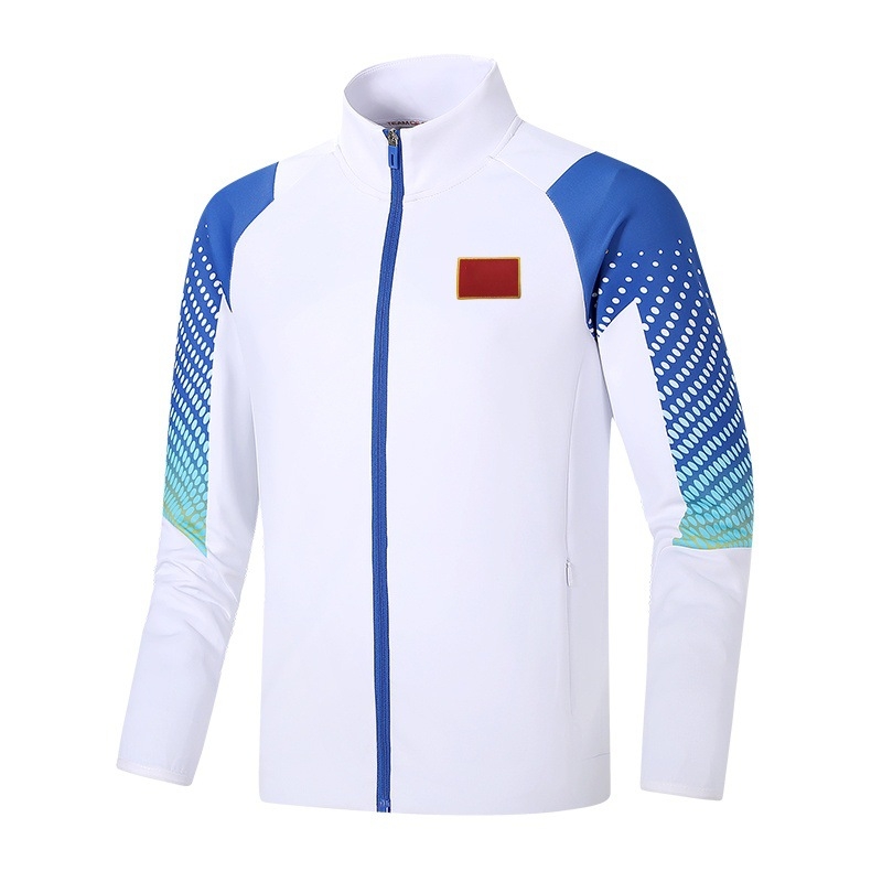 Ilgos rankovės sportinis švarkas grupei treniruotėms, apykaklė tipo lapel; Pietų Korėjos šilkas audinys; 93% poliesteris; stilius: sportas