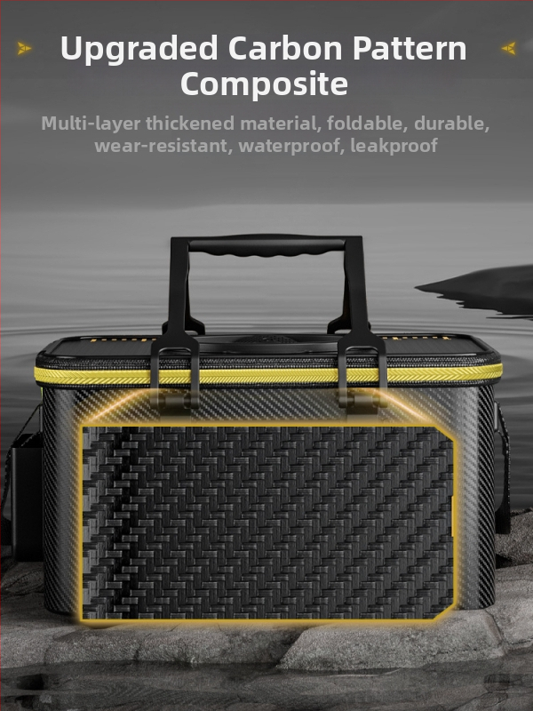 Къмпинг кофа за живи риби със карбонова шарка, сгъваема и удебелена конструкция, защита за риби, многофункционална риболовна кофа