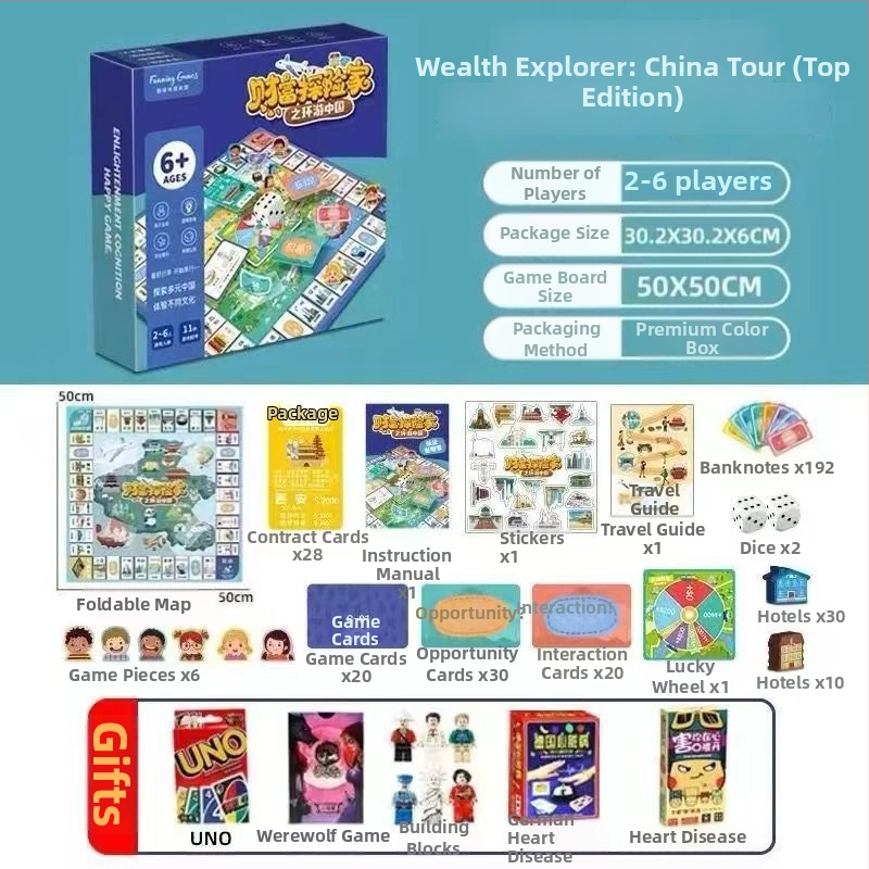 Ģimenes galda spēle par bagātības piedzīvojumiem un pasaules ceļojumiem, koksnes un papīra komponentes, kāršu spēle, elektroniskas transakcijas, piemērota no 14 gadu vecuma, iepakojums kastē