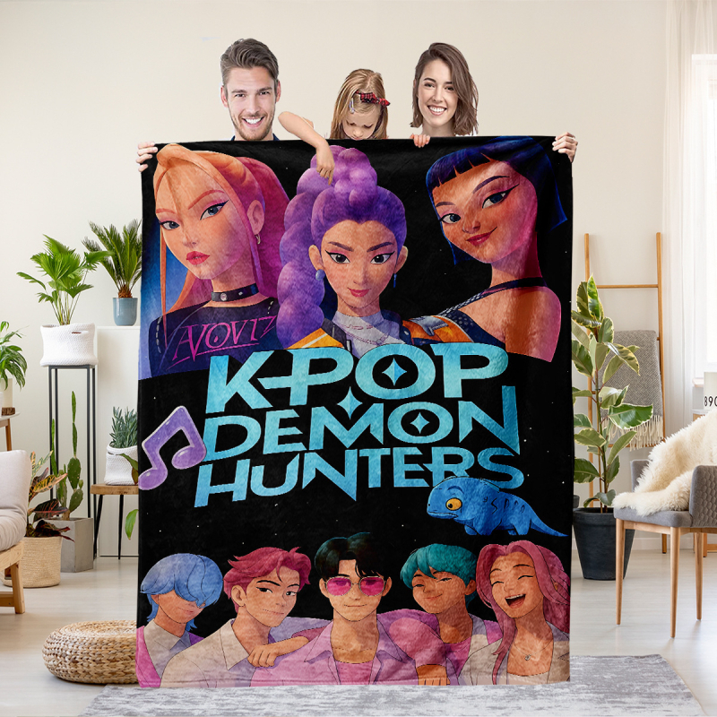 Flaneli pleed 3D digitaalprintimisega, demoni jahi rühma motiiv, polüester, 500–800 g, sügis-talv