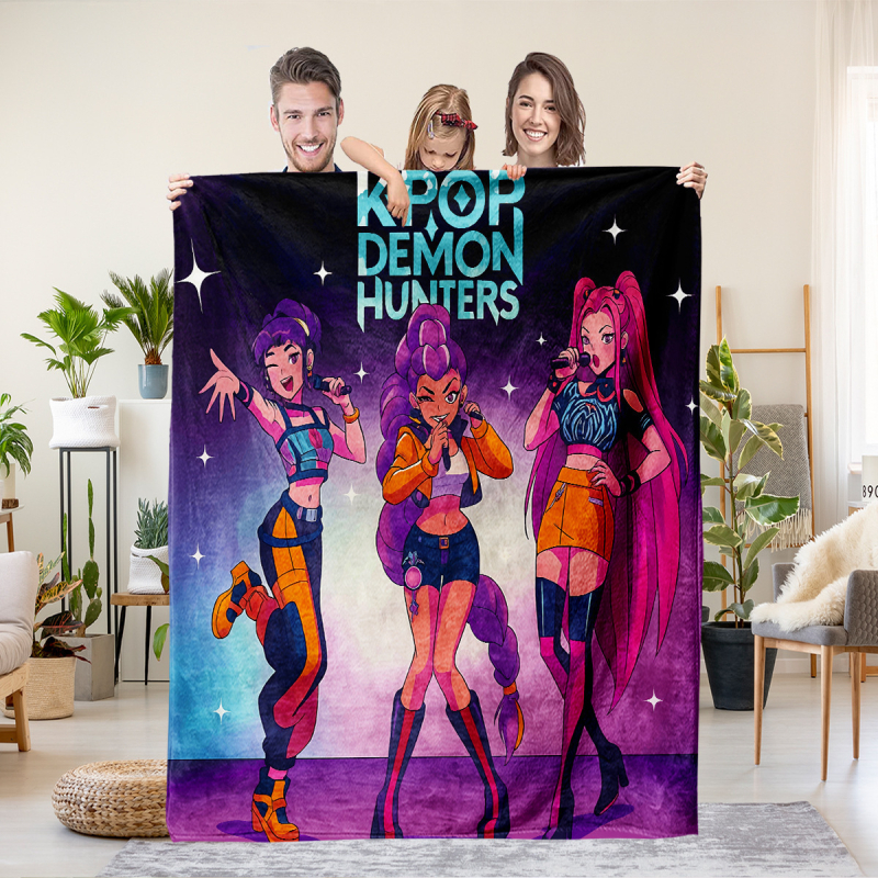 Flaneli pleed 3D digitaalprintimisega, demoni jahi rühma motiiv, polüester, 500–800 g, sügis-talv