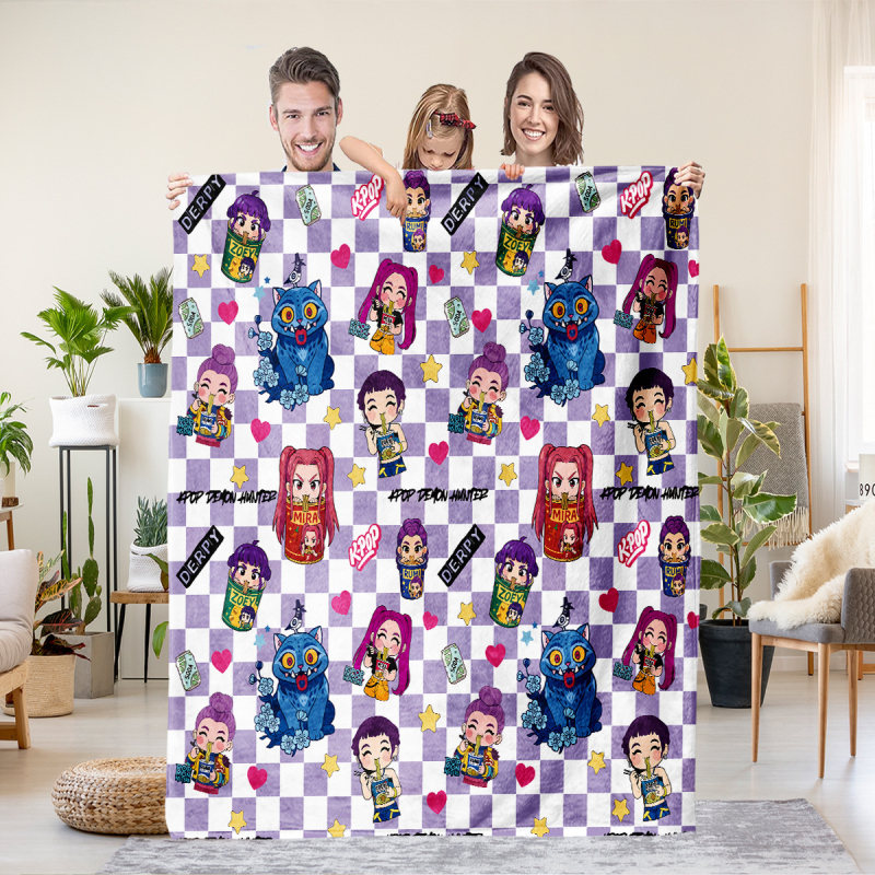 Flaneli pleed 3D digitaalprintimisega, demoni jahi rühma motiiv, polüester, 500–800 g, sügis-talv