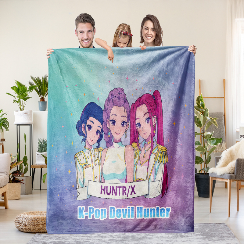 Flaneli pleed 3D digitaalprintimisega, demoni jahi rühma motiiv, polüester, 500–800 g, sügis-talv