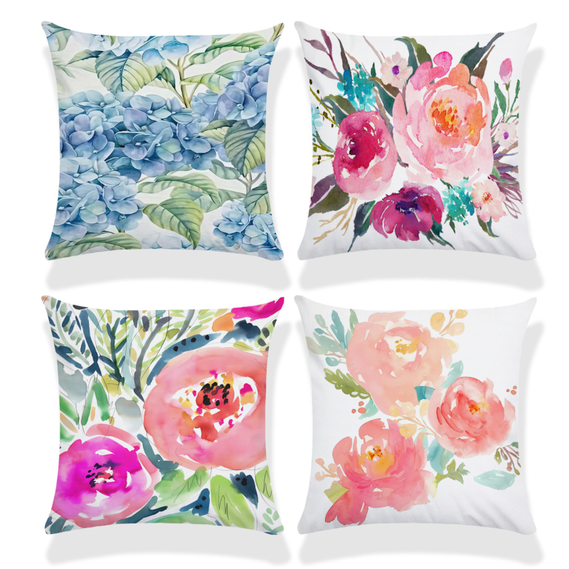 Jastučnica s motivom cvijeća i leptira, lan, 45x45 cm, dekor proljeće-ljeto, moderni minimalistički stil