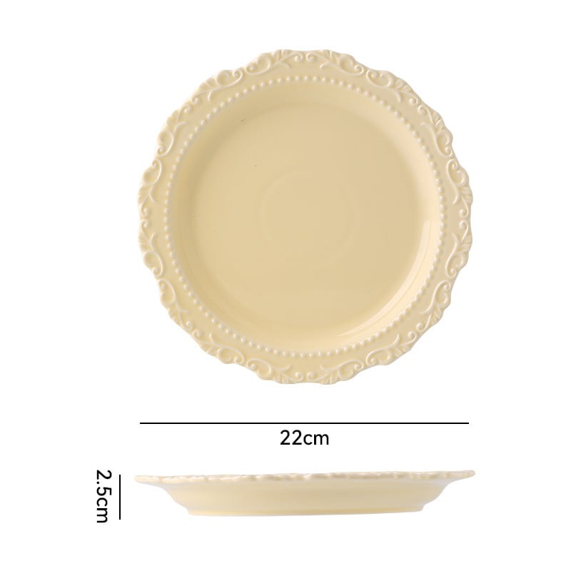 Desszert tányér, kerámia, szabálytalan alakú, retró stílusú, csipkés éllel, mikrohullámú sütőhöz használható
