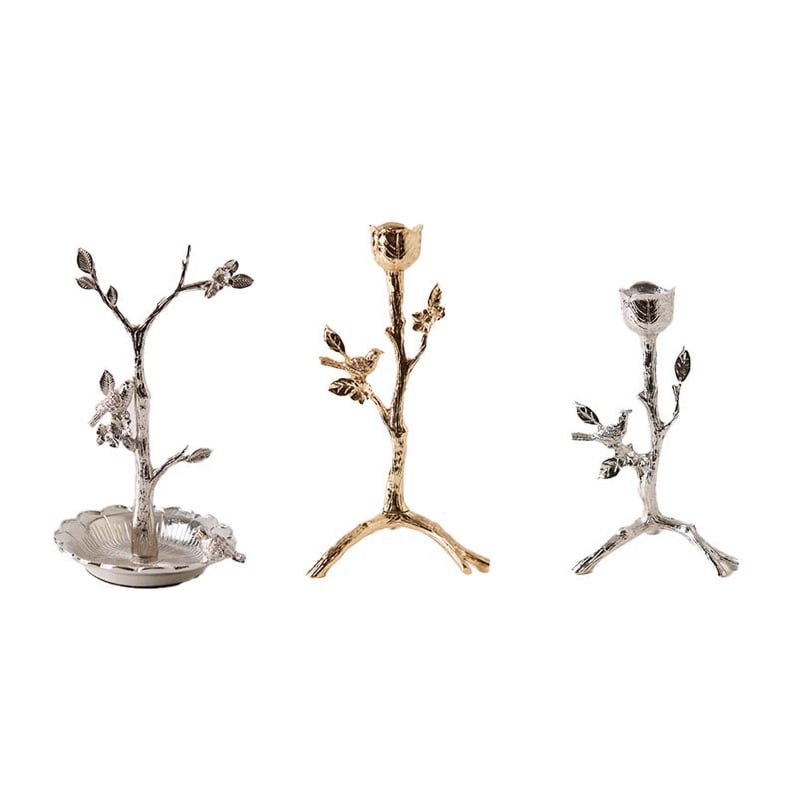 Žvakių laikiklis su paukščio šakos dizainu, papuošalų padėklas ir lapų padėklas, nuotraukų rėmas — cinko lydinys, lengvas prabangos stilius