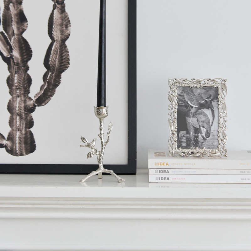 Žvakių laikiklis su paukščio šakos dizainu, papuošalų padėklas ir lapų padėklas, nuotraukų rėmas — cinko lydinys, lengvas prabangos stilius