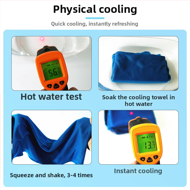 Спортна кърпа за охлаждане с лого — 80% полиестер + 20% полиамид, тегло 155 г, абсорбира пота и бързо съхне, водопоглъщане 0–5 сек, възможност за печат на лого