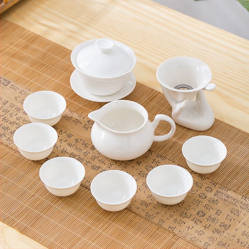 Σετ Gongfu τσαγιού από πορσελάνη-νεφρίτης – Chaoshan στιλ, πλήρες με τσαγιέρα, μπολ με καπάκι και φλιτζάνια, χωρίς δίσκο, φινίρισμα Lopo γλασούρας