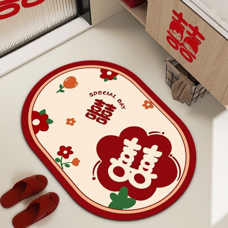 Мат от диатомна глина, овална форма, геометричен и облачен дизайн, печатна техника, сватбен стил, ръчно пране