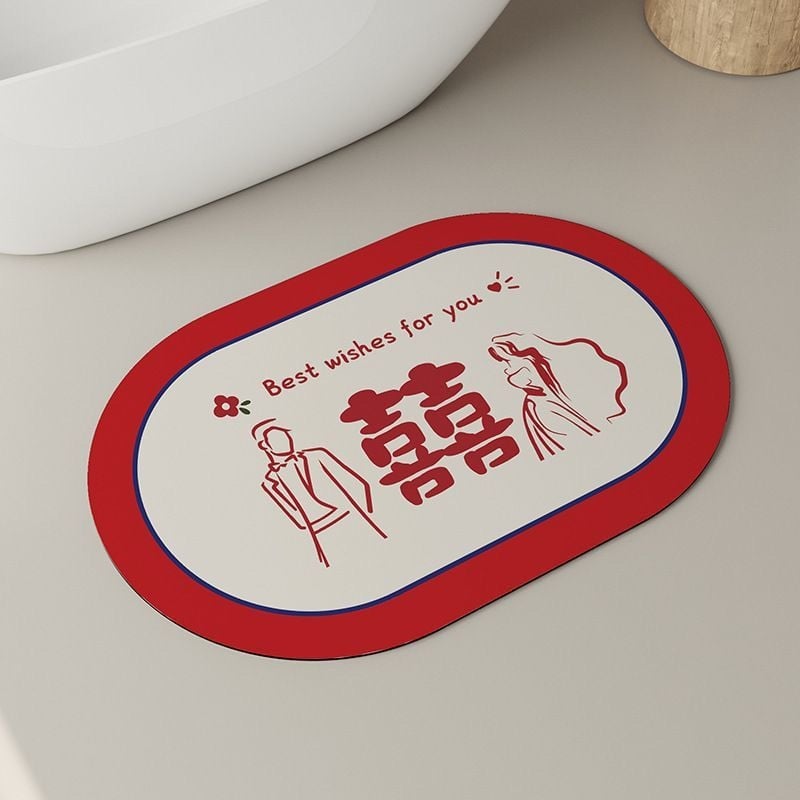 Мат от диатомна глина, овална форма, геометричен и облачен дизайн, печатна техника, сватбен стил, ръчно пране