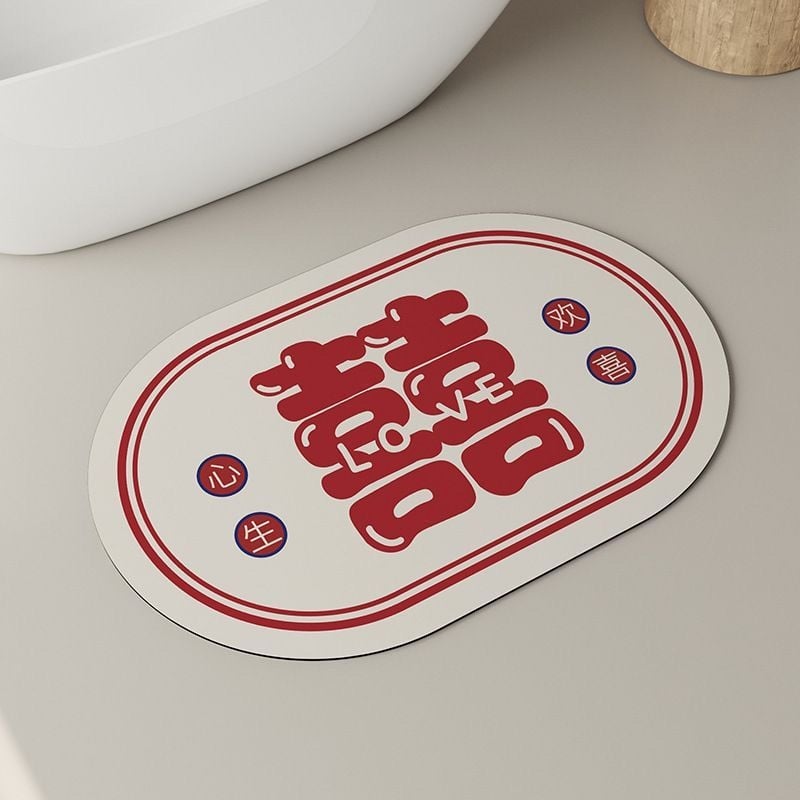 Мат от диатомна глина, овална форма, геометричен и облачен дизайн, печатна техника, сватбен стил, ръчно пране