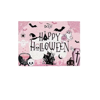 Хелоуин подложка за входна врата - правоъгълна, кристален велур, износоустойчива, печат дизайн, мотиви пейзаж, карикатура и растения, почистване чрез изплакване