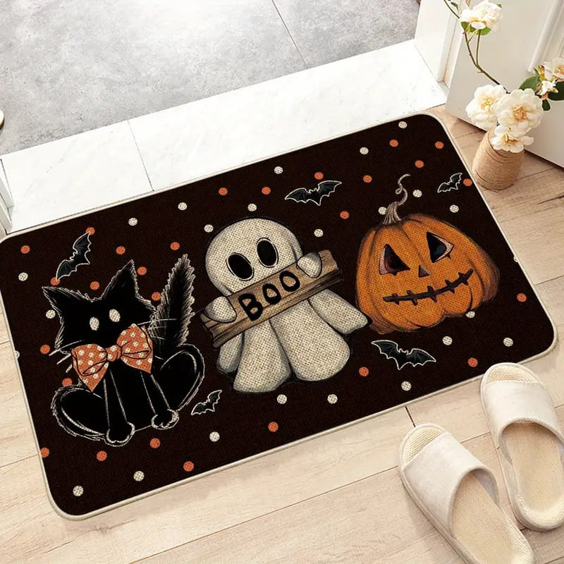 Хелоуин подложка за входна врата - правоъгълна, кристален велур, износоустойчива, печат дизайн, мотиви пейзаж, карикатура и растения, почистване чрез изплакване