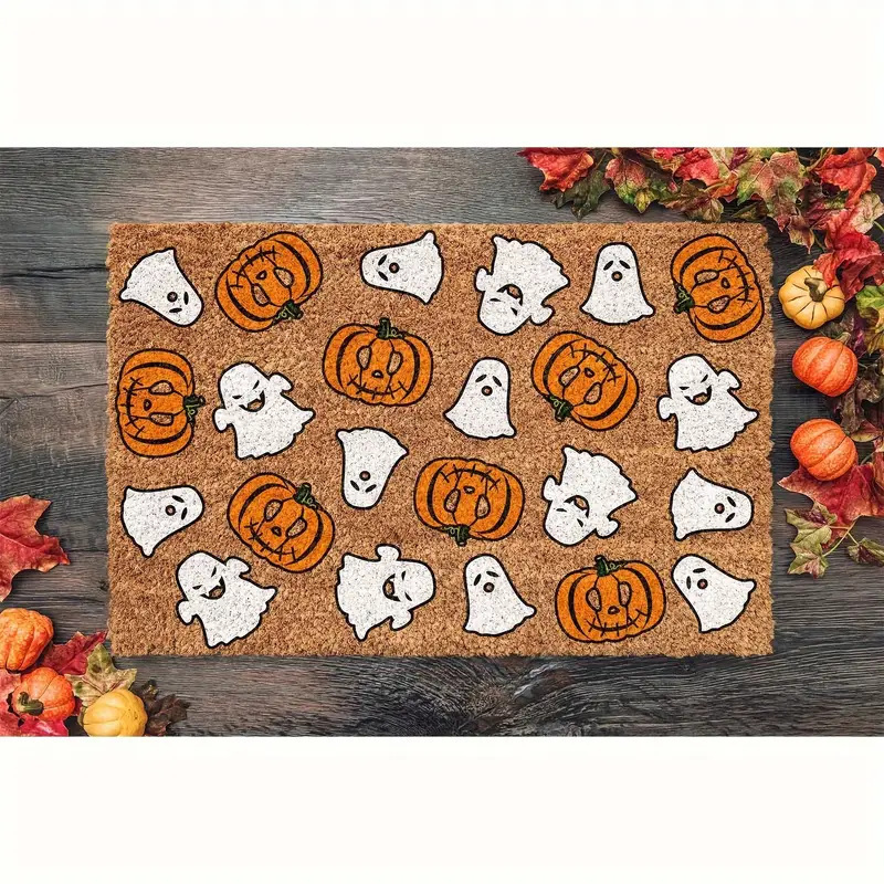 Хелоуин подложка за входна врата - правоъгълна, кристален велур, износоустойчива, печат дизайн, мотиви пейзаж, карикатура и растения, почистване чрез изплакване