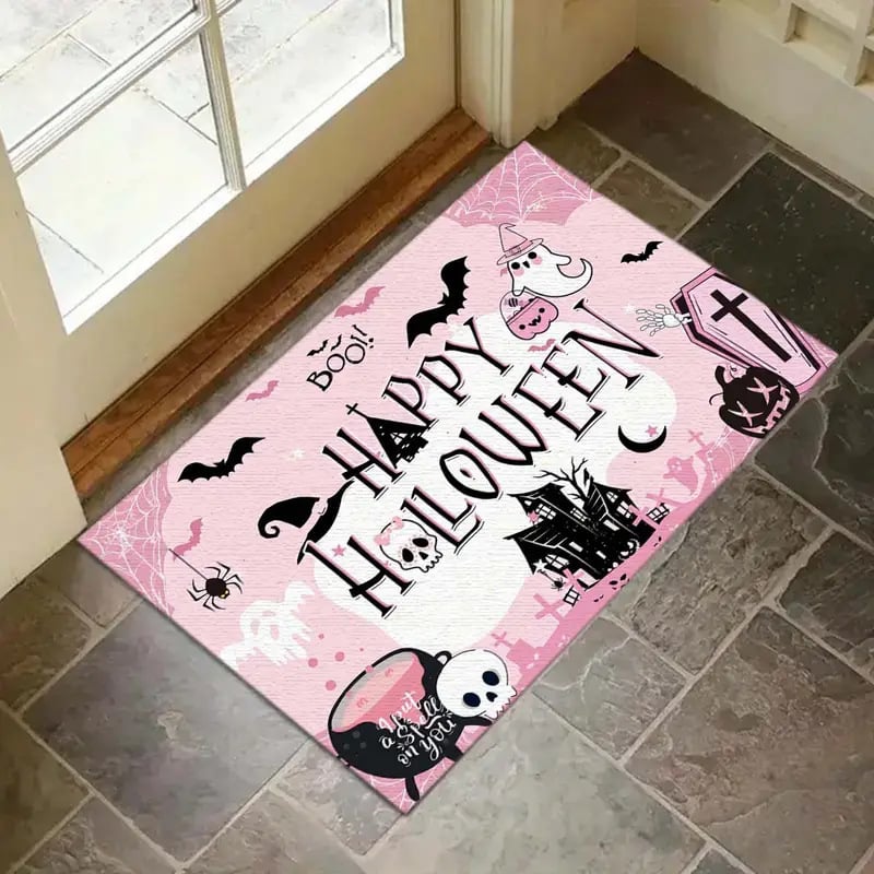 Хелоуин подложка за входна врата - правоъгълна, кристален велур, износоустойчива, печат дизайн, мотиви пейзаж, карикатура и растения, почистване чрез изплакване